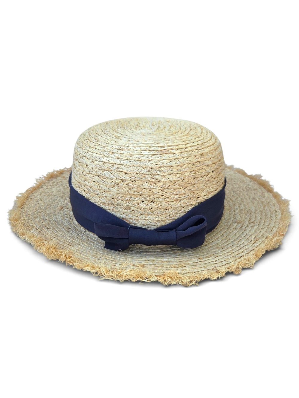 POL 100% Raffia Straw Boater Hat Raw Frayed Edge Navy Ribbon Bow Beach Sun Hat